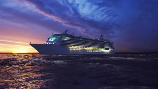 Luxury cruise ship sailing from the port at sunrise across the ocean.