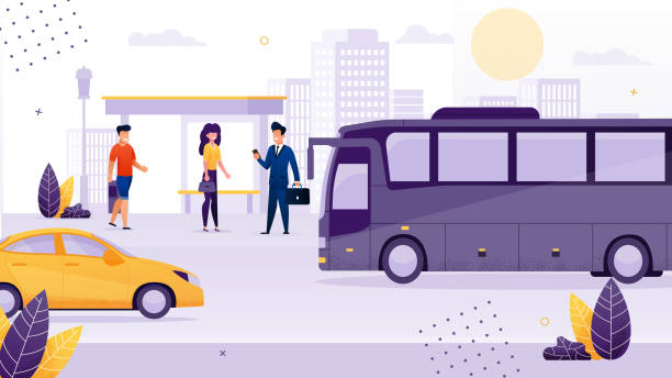 バス停に立っている人々は、輸送を待っています。 - driving business travel car bus点のイラスト素材／クリップアート素材／マンガ素材／アイコン素材