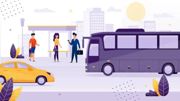 Vector illustration of People Standing at Bus Stop Waiting for Transport.