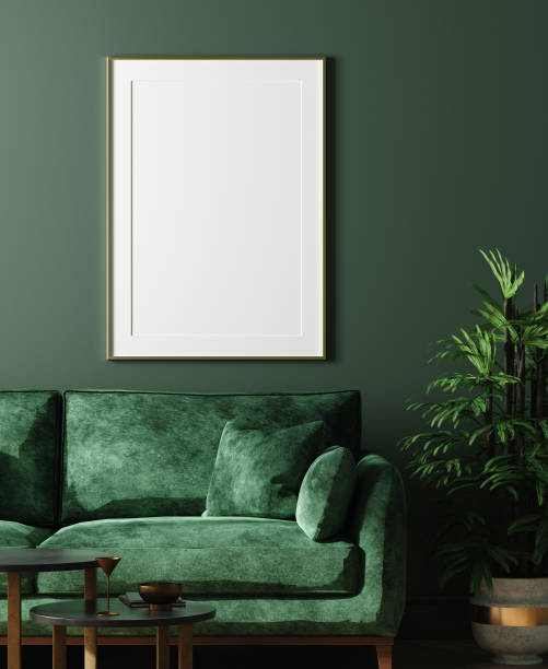 Home interior mock-up with green sofa, table and decor in living room