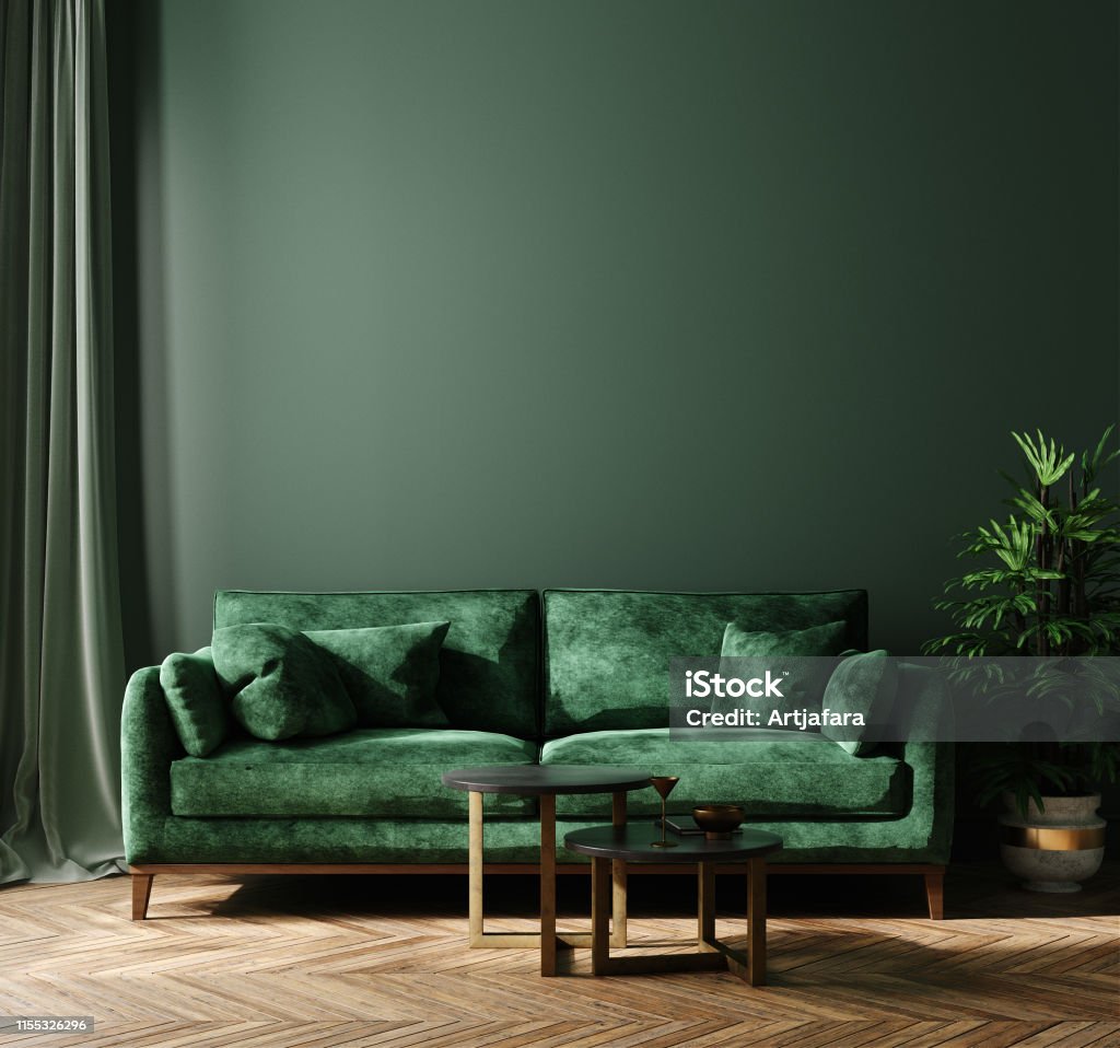 Home interior mock-up with green sofa, table and decor in living room Home interior mock-up with green sofa, table and decor in living room, 3d render Green Color Stock Photo