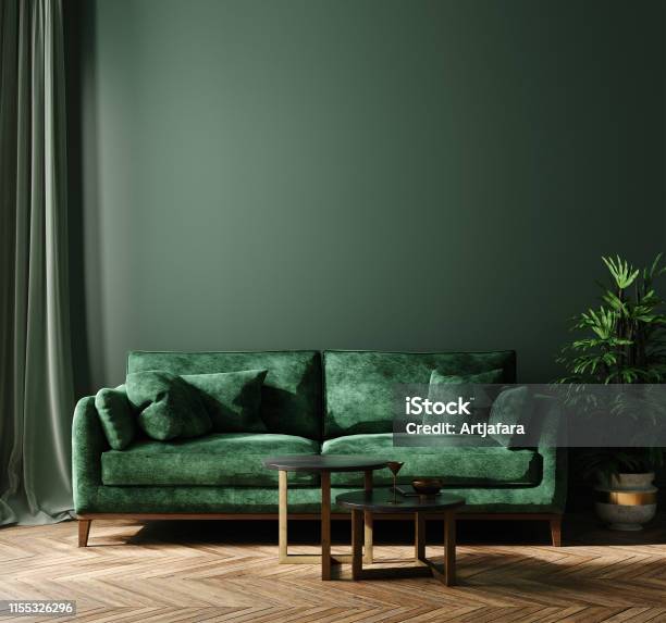 Home Interior Mockup With Green Sofa Table And Decor In Living Room Stock Photo - Download Image Now