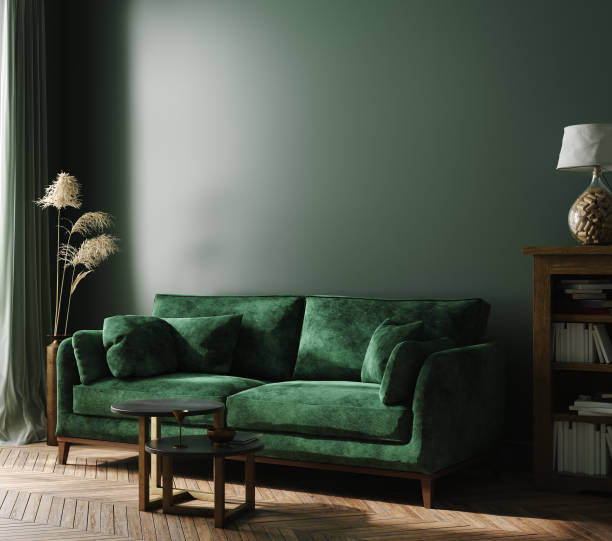 istock Home interior mock-up with green sofa, table and decor in living room 1155326297