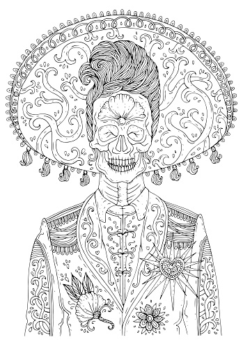 Vector hand drawn man with sugar skull calavera makeup with patterned sombrero on his head. Mexican holiday Day of the Dead. Halloween. Graphic design, print on t-shirt Isolated Coloring page for adults A4