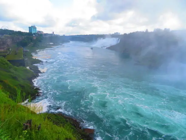 Niagara Falls in background with powerful waterflow down Niagara river