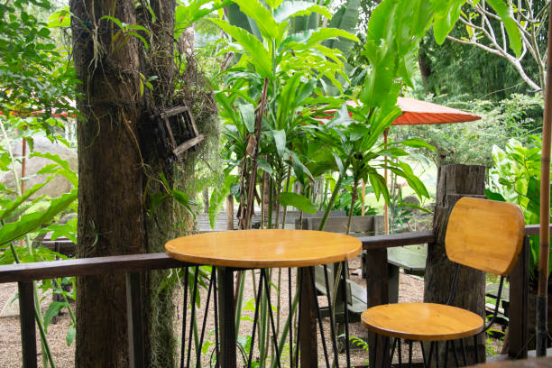 istock Wooden table  sitting in the garden 1155334770