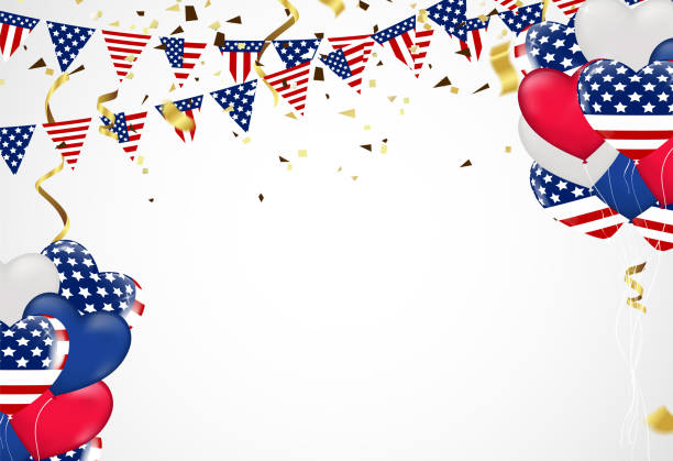 istock 4th of july usa independence day, vector template with american flag and colored balloons on blue shining starry background. Fourth of july, USA national holiday 1155336511