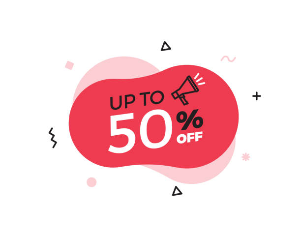 Modern abstract vector banner with up to 50% offer special sale text. 50 percent price discount. Red shape graphic design element for advertising campaigns. Vector illustration with geometric shapes and megaphone icon vector eps10 megaphone borders stock illustrations