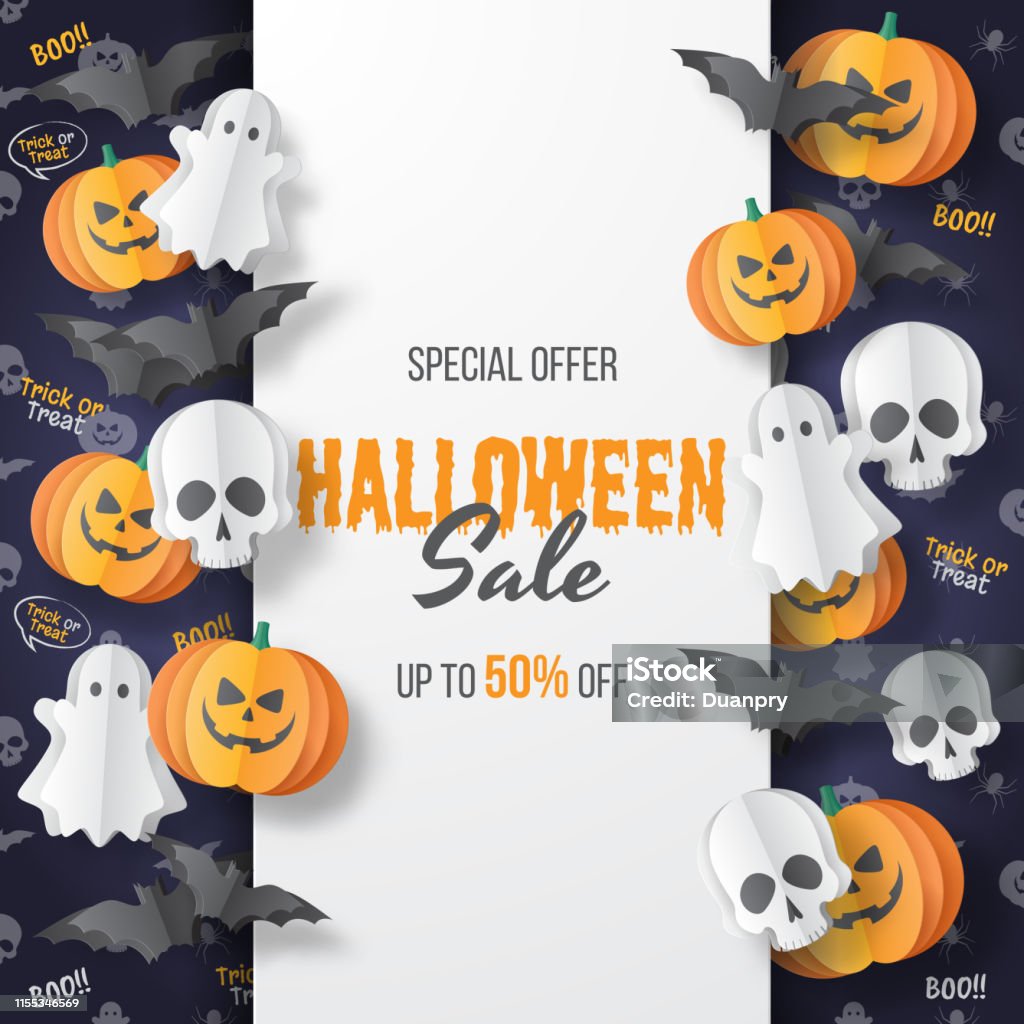 Happy Halloween sale vector banner. Paper cut style. Vector illusration Happy Halloween sale vector banner. Paper cut style. Vector illusration. Can be used for template, banners, wallpaper, flyers, invitation, posters, brochure, voucher discount. Vector illustration Halloween stock vector