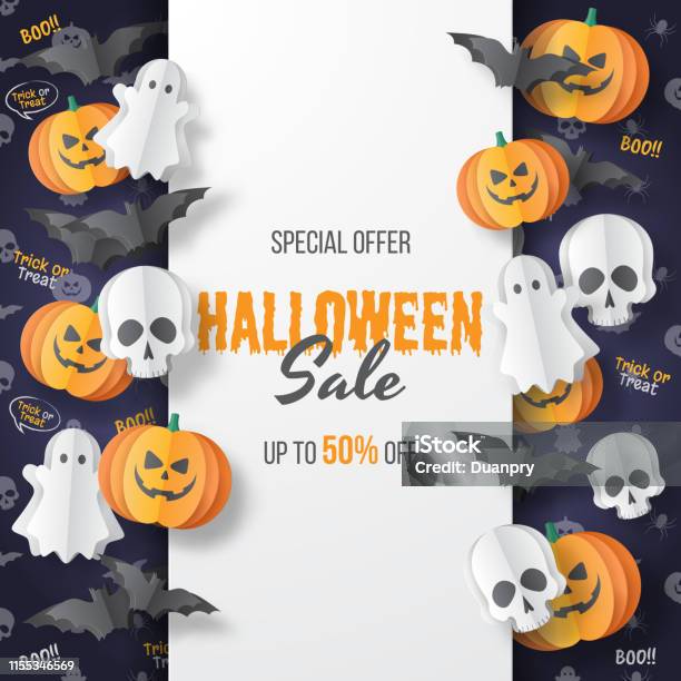 Happy Halloween Sale Vector Banner Paper Cut Style Vector Illusration Stock Illustration - Download Image Now