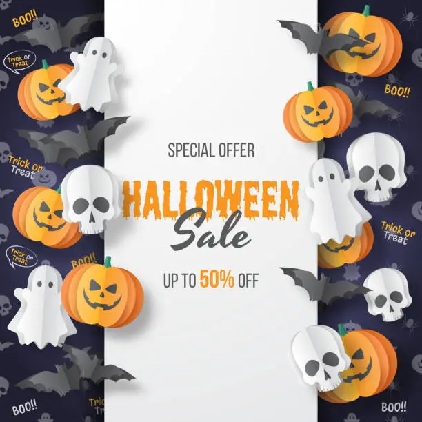 Vector illustration of Happy Halloween sale vector banner. Paper cut style. Vector illusration