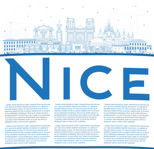 ilustrações, clipart, desenhos animados e ícones de esboço skyline agradável da cidade de france com edifícios azuis e espaço da cópia. - city of nice illustrations