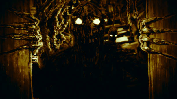 Creepy monster with evil eyes opens shelter doors and yelling at camera. Creepy monster with evil eyes opens shelter doors and yelling at camera. Illustration in night mode. Scary place animation. Horror character concept. haunted asylum stock illustrations