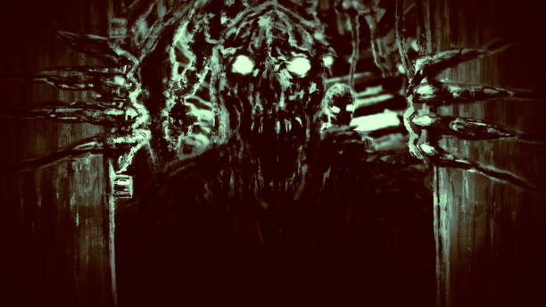 istock Creepy monster with evil eyes opens shelter doors and yelling at camera. 1155350836