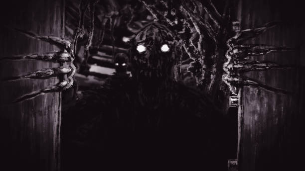 Evil mutants in the spacecraft are in the corridor. Evil mutants in the spacecraft are in the corridor. Scary halloween character face. Illustration in genre of horror. haunted asylum stock illustrations
