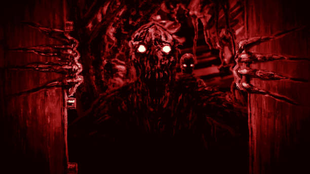 Evil mutants in the spacecraft are in the corridor. Evil mutants in the spacecraft are in the corridor. Scary halloween character face. Illustration in genre of horror. haunted asylum stock illustrations