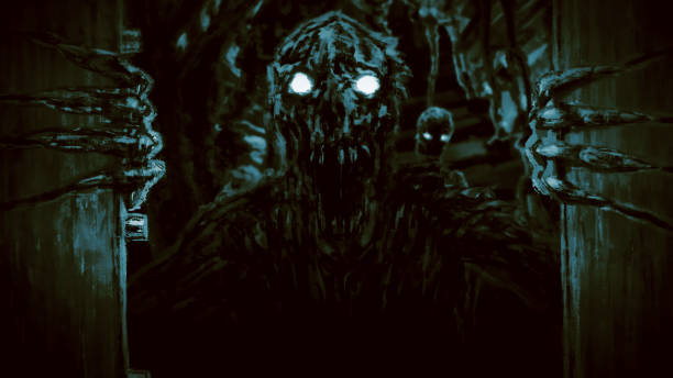 Enraged zombie monster opens bunker doors and growls. Enraged zombie monster opens bunker doors and growls. Illustration in genre of horror. Scary face character in blue color. haunted asylum stock illustrations