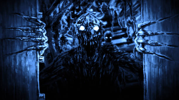 Enraged zombie monster opens bunker doors and growls. Enraged zombie monster opens bunker doors and growls. Illustration in genre of horror. Scary face character in blue color. haunted asylum stock illustrations