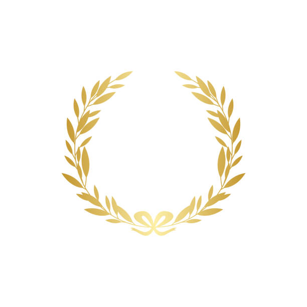 Gold laurel wreath silhouette with golden ribbon, realistic leaf branch decoration Gold laurel wreath silhouette with golden ribbon, realistic leaf branch decoration - ornate frame for text or award symbol. Isolated vector illustration isolated on white background. bow hair bow ribbon gold stock illustrations