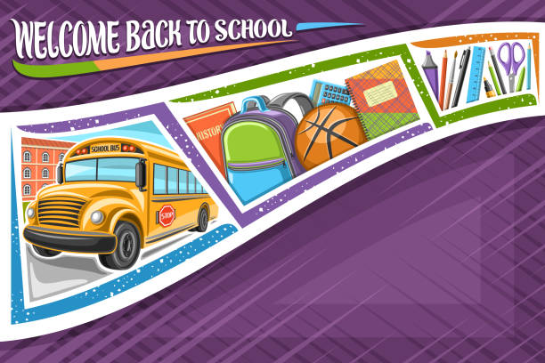 Vector layout for School Vector layout for School with copy space, original brush lettering for words welcome back to school, white decorative ribbon on abstract purple background, illustration of colorful school accessories. bus borders stock illustrations