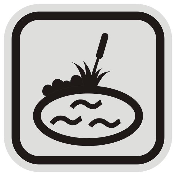 garden lake, black and gray frame, eps. Garden lake, silhouette of pond and plant, vector icon, gray and black frame fish farm icon stock illustrations