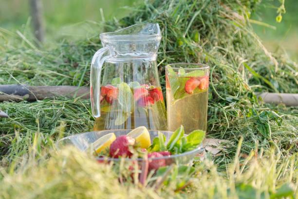 Summer refreshing natural homemade drinks, jug and glass of herbal tea with strawberries mint lemon on the grass