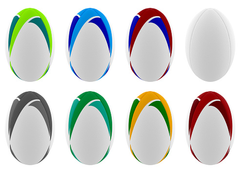A collection of various white textured rugby balls with a range of colored design elements printed on them on a isolated white background - 3D render