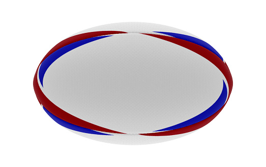 A white textured rugby ball with blue and red printed design elements in on a isolated white background - 3D render