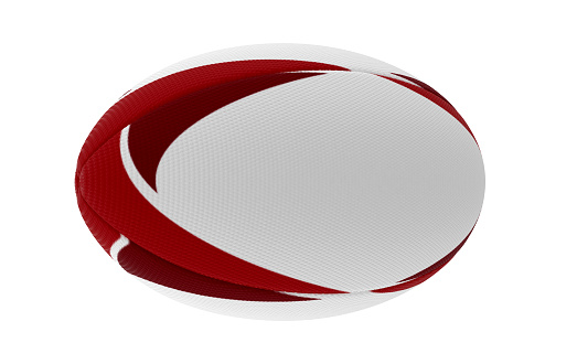 A white textured rugby ball with red printed design elements in on a isolated white background - 3D render