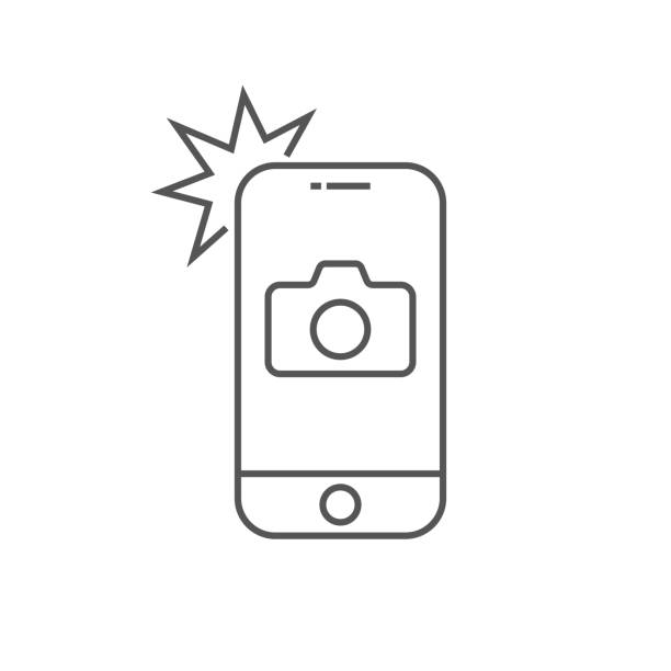 ilustrações, clipart, desenhos animados e ícones de smartphone simples do ícone com câmera e flash. telefone moderno com sinal da foto para o web design. elemento do esboço do vetor isolado. traçado editável. eps 10 - fotografando