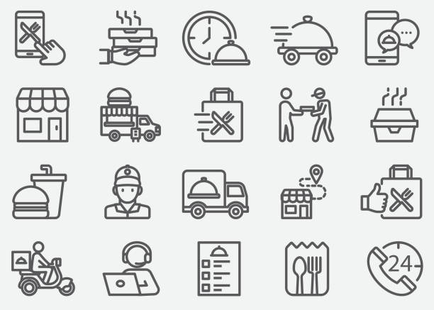 Food Delivery and Take Away Line Icons Food Delivery Line IconsFood Delivery and Take Away Line Icons food icons stock illustrations