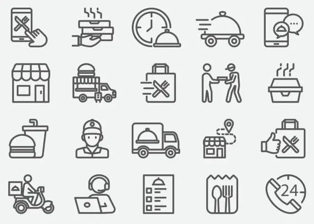 Vector illustration of Food Delivery and Take Away Line Icons