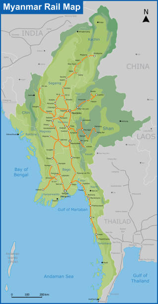 미얀마 철도 지도 - burma railway stock illustrations