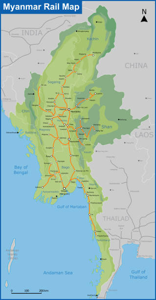 карта железной дороги мьянмы - burma railway stock illustrations