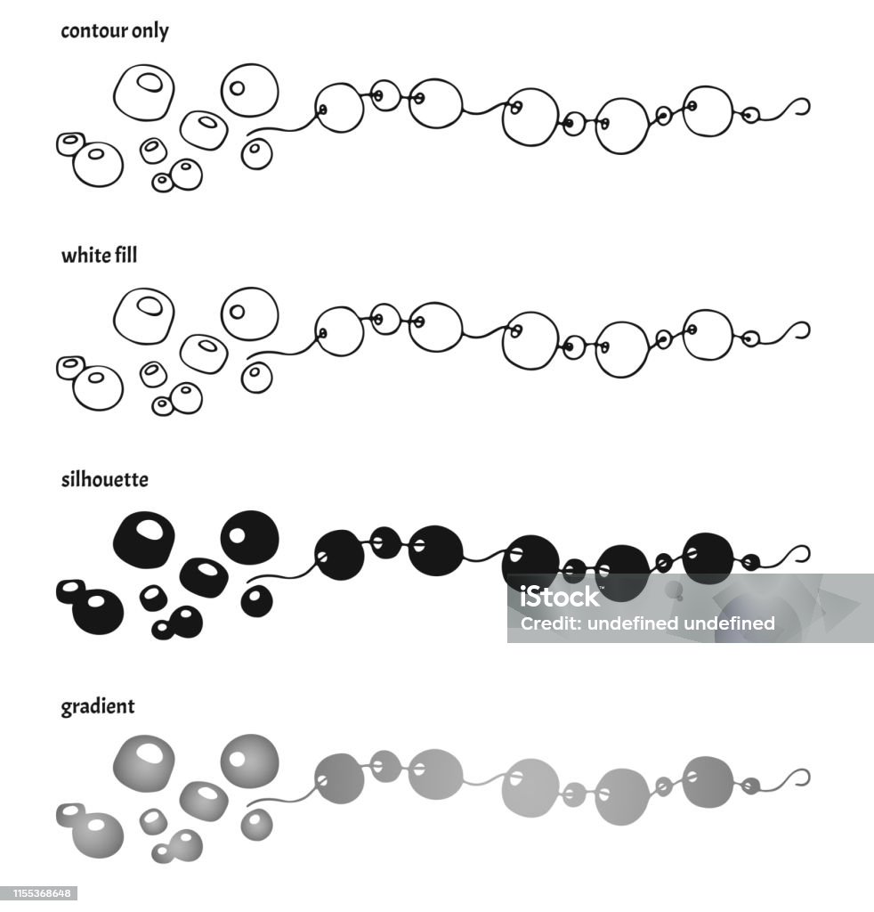 Set of four hand drawn necklaces and beads or pearls in different versions Set of four hand drawn necklaces and beads or pearls in different versions: contour only, white fill, silhouette and gradient. Isolated logo or label vector illustration Bead stock vector