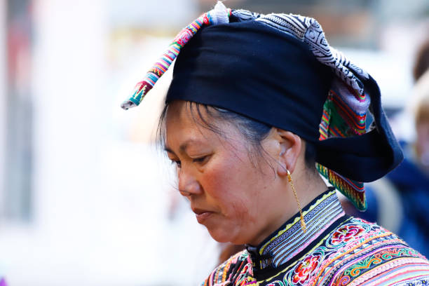 a woman in typical clothes in a village in southern yunnan, china - hani imagens e fotografias de stock
