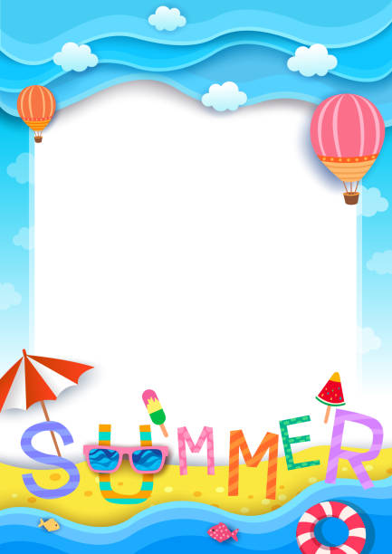 summer-background Illustration vector of summer typography  design with beach background to paper art style sun borders stock illustrations