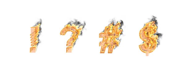 istock Artistic design font, dense burning fire and smoke exclamation point, question mark number sign (pound, hash) and dollar - peso sign isolated on white - 3D illustration of symbols 1155369883