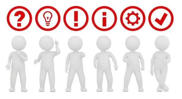 Photo of teamwork working question mark ideas light bulb exclamation point instructions information sign symbol gear icon check mark tick label ok sign red 3d rendering illustration with white stick figure man person isolated on white background