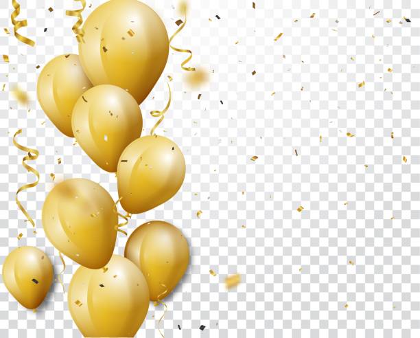 illustrations, cliparts, dessins animés et icônes de fond de célébration avec des confettis et des ballons d’or - confetti balloon white background isolated