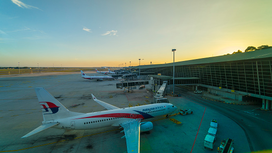 KUALA LUMPUR, MALAYSIA - MAY 6, 2019: Malaysia Airline commercial aircraft at KLIA airport during sunset