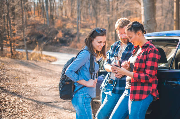 istock Friends standing in a forest, next to a car and talking 1155385487