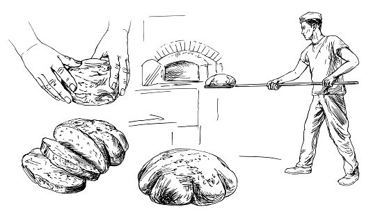 Baker introducing bread in a classic oven. Hand drawn illustration.