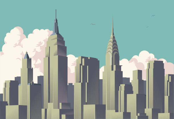 New York City Skyline New York’s famous skyline in Retro crosshatch style midtown manhattan tourism new york city usa stock illustrations