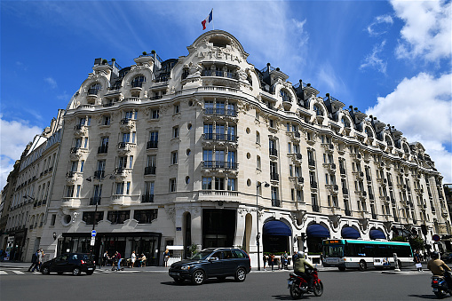 Paris, France-06 10 2019:The Hôtel Lutetia, located in the Saint-Germain-des-Prés area of the 6th arrondissement of Paris, is one of the best-known hotels on the Left Bank. It is noted for its architecture and its historical role during the German occupation of France in World War II.The Lutetia was built in 1910 in the Art Nouveau style and was named for an early pre-Roman town that existed where Paris is now located.