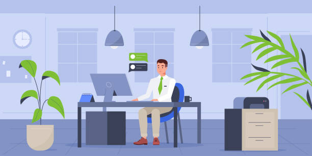 man in office Man working in office. Can use for backgrounds, infographics, hero images. Flat modern vector illustration. office coworker stock illustrations