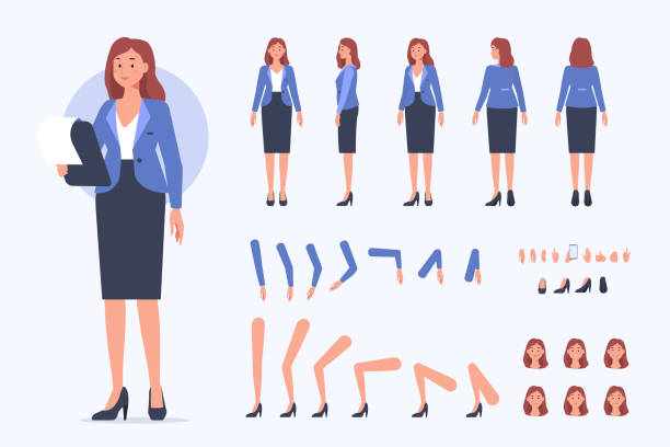 business woman Business woman character constructor for animation. Front, side and back view. Flat style vector illustration isolated on white background. assembly kit stock illustrations
