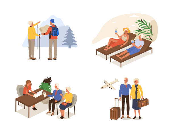 elderly people Set of travelling elderly people. Flat cartoon vector illustration isolated on white background. old person cartoon stock illustrations