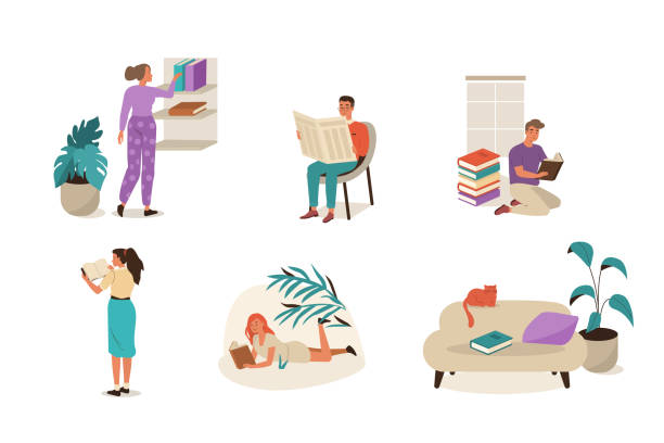 reading people Set of reading people. Flat cartoon vector illustration isolated on white background. reading stock illustrations