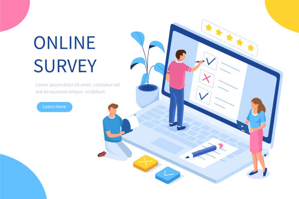 online survey Online survey concept with characters. Can use for web banner, infographics, hero images. Flat isometric vector illustration isolated on white background. wisdom illustrations stock illustrations